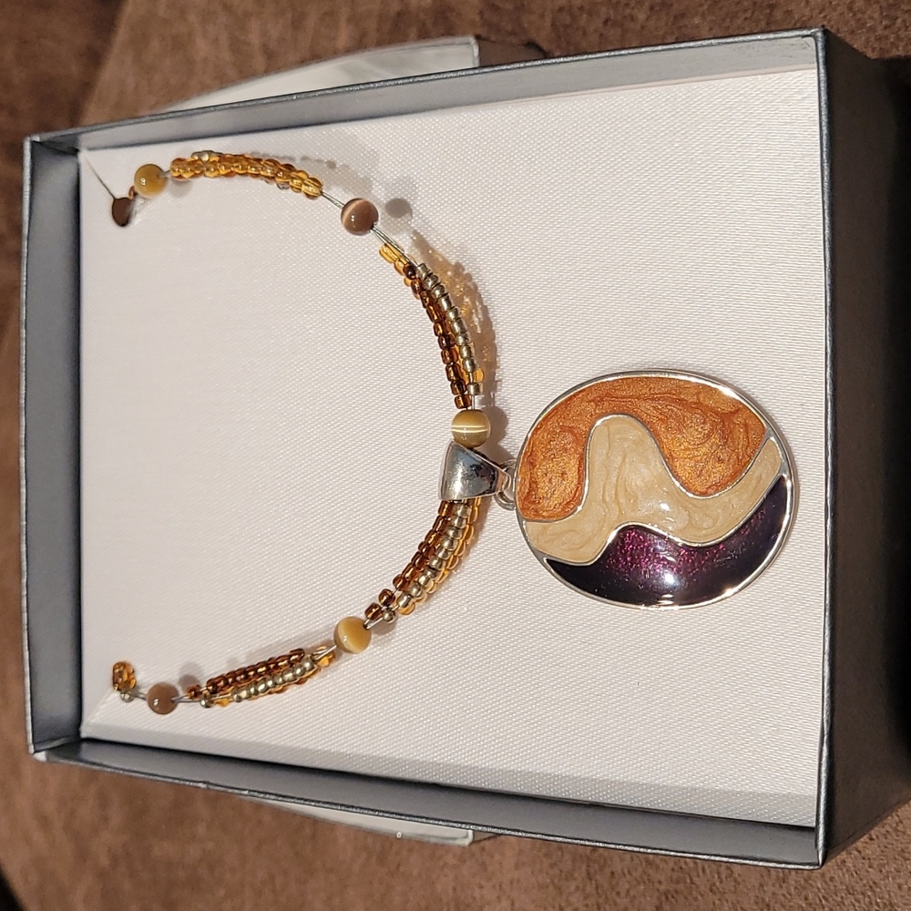 Beaded Necklace with Brown and Beige Painted Charm in Original Box